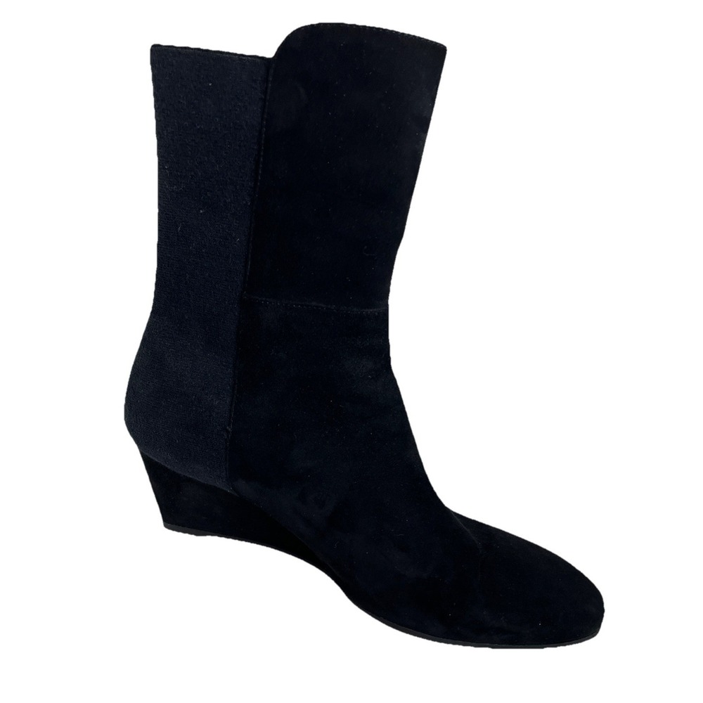 Stuart Weitzman Beatrice Black Suede Almond Toe Wedge Midi Ankle Boots Size 10.5